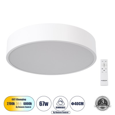 Μοντέρνο Φωτιστικό Οροφής LED 67W 7370lm 120° AC 220-240V IP20 Ρυθμιζόμενο Λευκό CCT με Χειριστήριο από 2700K έως 6000K Dimmable - Lumileds SMD Chip - Λευκό Ματ - Μ40 x Π40 x Υ8cm - 3 Χρόνια Εγγύηση