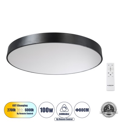 Μοντέρνο Φωτιστικό Οροφής LED 100W 11020lm 120° AC 220-240V IP20 Ρυθμιζόμενο Λευκό CCT με Χειριστήριο από 2700K έως 6000K Dimmable - Lumileds SMD Chip - Μαύρο Ματ - Μ80 x Π80 x Υ8cm - 3 Χρόνια Εγγύηση