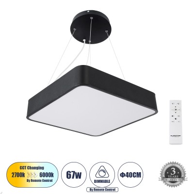 Μοντέρνο Κρεμαστό Φωτιστικό Οροφής LED 67W 7705lm 120° AC 220-240V IP20 Ρυθμιζόμενο Λευκό CCT με Χειριστήριο από 2700K έως 6000K Dimmable - Lumileds SMD Chip - Μαύρο Ματ - Μ40 x Π40 x Υ8cm - 3 Χρόνια Εγγύηση