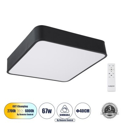 Μοντέρνο Φωτιστικό Οροφής LED 67W 7705lm 120° AC 220-240V IP20 Ρυθμιζόμενο Λευκό CCT με Χειριστήριο από 2700K έως 6000K Dimmable - Lumileds SMD Chip - Μαύρο Ματ - Μ40 x Π40 x Υ8cm - 3 Χρόνια Εγγύηση