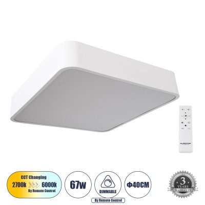 Μοντέρνο Φωτιστικό Οροφής LED 67W 7370lm 120° AC 220-240V IP20 Ρυθμιζόμενο Λευκό CCT με Χειριστήριο από 2700K έως 6000K Dimmable - Lumileds SMD Chip - Λευκό Ματ - Μ40 x Π40 x Υ8cm - 3 Χρόνια Εγγύηση