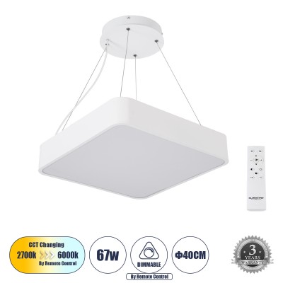 Μοντέρνο Κρεμαστό Φωτιστικό Οροφής LED 67W 7370lm 120° AC 220-240V IP20 Ρυθμιζόμενο Λευκό CCT με Χειριστήριο από 2700K έως 6000K Dimmable - Lumileds SMD Chip - Λευκό Ματ - Μ40 x Π40 x Υ8cm - 3 Χρόνια Εγγύηση