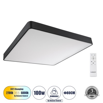 Μοντέρνο Φωτιστικό Οροφής LED 100W 11020lm 120° AC 220-240V IP20 Ρυθμιζόμενο Λευκό CCT με Χειριστήριο από 2700K έως 6000K Dimmable - Lumileds SMD Chip - Μαύρο Ματ - Μ80 x Π80 x Υ8cm - 3 Χρόνια Εγγύηση