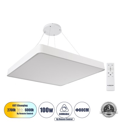 Μοντέρνο Κρεμαστό Φωτιστικό Οροφής LED 100W 11020lm 120° AC 220-240V IP20 Ρυθμιζόμενο Λευκό CCT με Χειριστήριο από 2700K έως 6000K Dimmable - Lumileds SMD Chip - Λευκό Ματ - Μ80 x Π80 x Υ8cm - 3 Χρόνια Εγγύηση