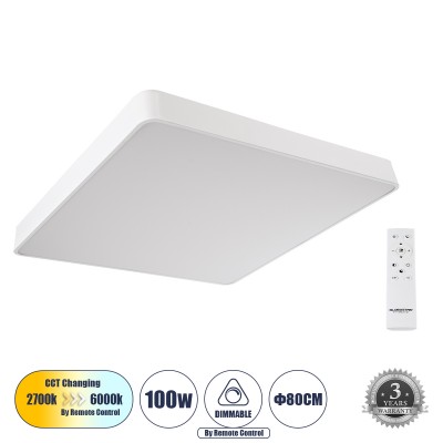 Μοντέρνο Φωτιστικό Οροφής LED 100W 11020lm 120° AC 220-240V IP20 Ρυθμιζόμενο Λευκό CCT με Χειριστήριο από 2700K έως 6000K Dimmable - Lumileds SMD Chip - Λευκό Ματ - Μ80 x Π80 x Υ8cm - 3 Χρόνια Εγγύηση
