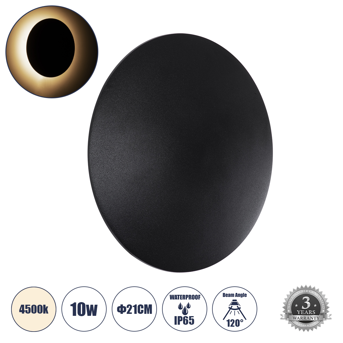 Μοντέρνο Φωτιστικό Τοίχου - Απλίκα LED 10W 1200lm 120° AC 220-240V Αδιάβροχο IP65 Φυσικό Λευκό 4500K - Lumileds SMD Chip & TÜV SÜD Driver - Μαύρο Ματ - Μ21 x Π21 x Υ5cm - 5 Χρόνια Εγγύηση