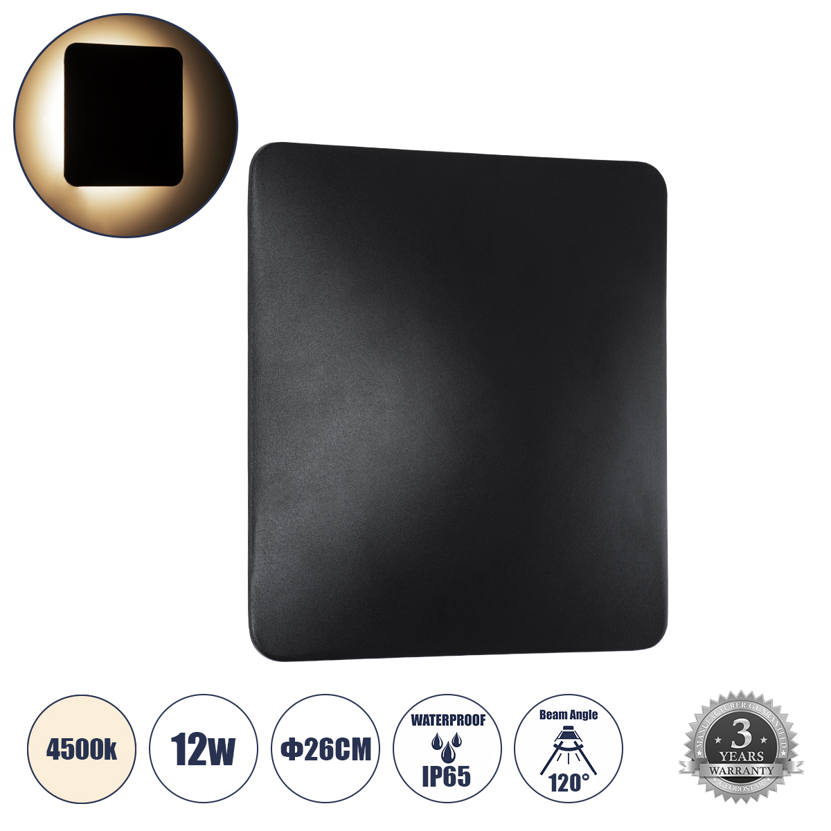 Μοντέρνο Φωτιστικό Τοίχου - Απλίκα LED 12W 1440lm 120° AC 220-240V Αδιάβροχο IP65 Φυσικό Λευκό 4500K - Lumileds SMD Chip & TÜV SÜD Driver - Μαύρο Ματ - Μ26 x Π5 x Υ26cm - 5 Χρόνια Εγγύηση