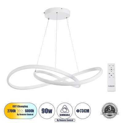 Μοντέρνο Κρεμαστό Φωτιστικό Οροφής LED 90W 10080lm 300° AC 220-240V IP20 Ρυθμιζόμενο Λευκό CCT με Χειριστήριο από 2700K έως 6000K Dimmable - Lumileds SMD Chip - Λευκό Ματ - Μ73 x Π73 x Υ16cm - 3 Χρόνια Εγγύηση