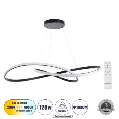 Μοντέρνο Κρεμαστό Φωτιστικό Οροφής LED 120W 13440lm 300° AC 220-240V IP20 Ρυθμιζόμενο Λευκό CCT με Χειριστήριο από 2700K έως 6000K Dimmable - Lumileds SMD Chip - Μαύρο Ματ - Μ103 x Π103 x Υ22cm - 3 Χρόνια Εγγύηση