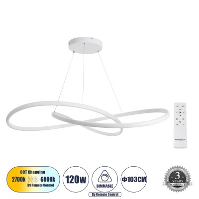 Μοντέρνο Κρεμαστό Φωτιστικό Οροφής LED 120W 13440lm 300° AC 220-240V IP20 Ρυθμιζόμενο Λευκό CCT με Χειριστήριο από 2700K έως 6000K Dimmable - Lumileds SMD Chip - Λευκό Ματ - Μ103 x Π103 x Υ22cm - 3 Χρόνια Εγγύηση