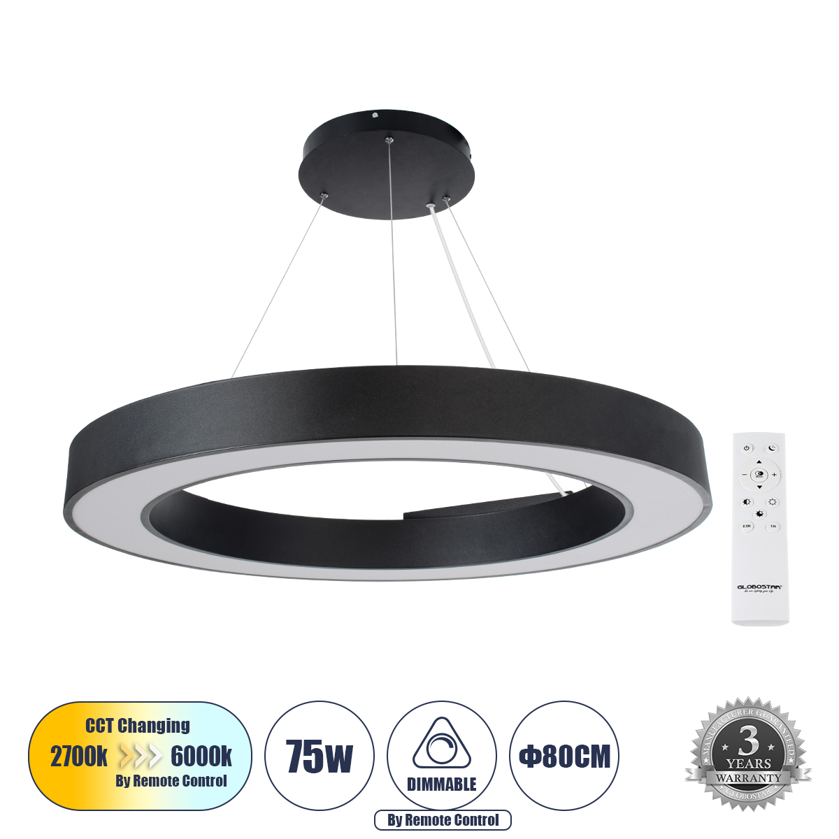 Μοντέρνο Κρεμαστό Φωτιστικό Οροφής LED 75W 8250lm 120° AC 220-240V IP20 Ρυθμιζόμενο Λευκό CCT με Χειριστήριο από 2700K έως 6000K Dimmable - Lumileds SMD Chip - Μαύρο Ματ - Μ80 x Π80 x Υ8cm - 3 Χρόνια Εγγύηση