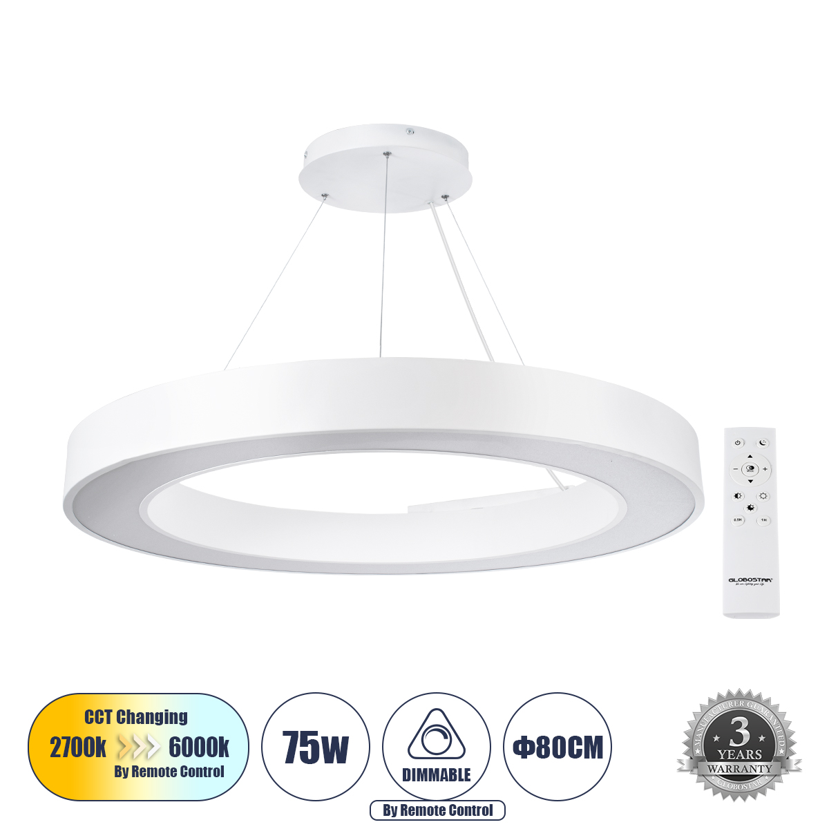 Μοντέρνο Κρεμαστό Φωτιστικό Οροφής LED 75W 8250lm 120° AC 220-240V IP20 Ρυθμιζόμενο Λευκό CCT με Χειριστήριο από 2700K έως 6000K Dimmable - Lumileds SMD Chip - Λευκό Ματ - Μ80 x Π80 x Υ8cm - 3 Χρόνια Εγγύηση