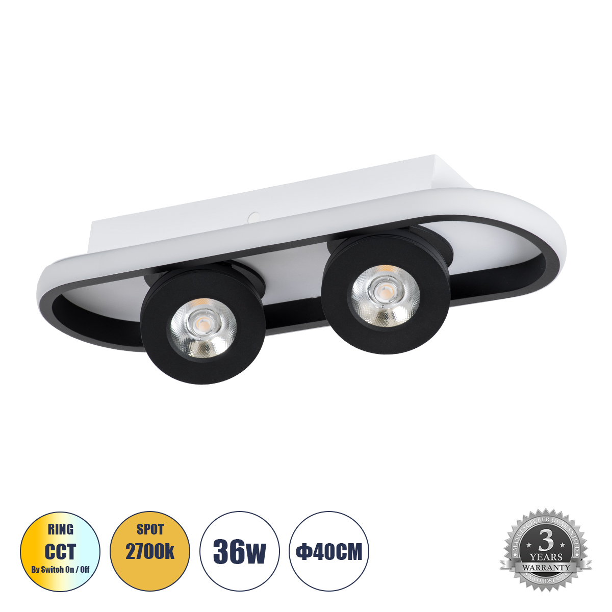 Μοντέρνο Φωτιστικό Οροφής LED 36W 4032lm 360° & 45° AC 220-240V IP20 Ρυθμιζόμενο Λευκό CCT με On/Off 2700K/4500K/6000K - Lumileds SMD Chip - Μαύρο Ματ - Μ40 x Π13 x Υ6.5cm - 3 Χρόνια Εγγύηση