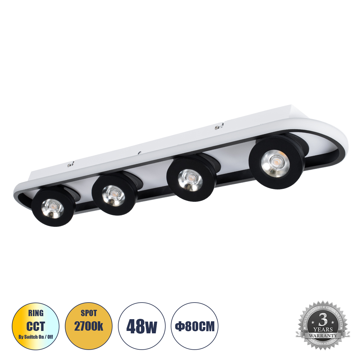 Μοντέρνο Φωτιστικό Οροφής LED 48W 5376lm 360° & 45° AC 220-240V IP20 Ρυθμιζόμενο Λευκό CCT με On/Off 2700K/4500K/6000K - Lumileds SMD Chip - Μαύρο Ματ - Μ80 x Π13 x Υ6.5cm - 3 Χρόνια Εγγύηση