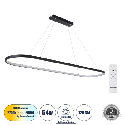 Μοντέρνο Κρεμαστό Φωτιστικό Οροφής LED 54W 6210lm 360° AC 220-240V IP20 Ρυθμιζόμενο Λευκό CCT με Χειριστήριο από 2700K έως 6000K Dimmable - Lumileds SMD Chip - Μαύρο Ματ - Μ120 x Π30 x Υ2cm - 3 Χρόνια Εγγύηση