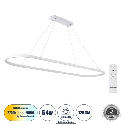 Μοντέρνο Κρεμαστό Φωτιστικό Οροφής LED 54W 6210lm 360° AC 220-240V IP20 Ρυθμιζόμενο Λευκό CCT με Χειριστήριο από 2700K έως 6000K Dimmable - Lumileds SMD Chip - Λευκό Ματ - Μ120 x Π30 x Υ2cm - 3 Χρόνια Εγγύηση