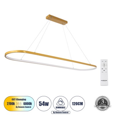 Μοντέρνο Κρεμαστό Φωτιστικό Οροφής LED 54W 6210lm 360° AC 220-240V IP20 Ρυθμιζόμενο Λευκό CCT με Χειριστήριο από 2700K έως 6000K Dimmable - Lumileds SMD Chip - Χρυσό Βούρτσας - Μ120 x Π30 x Υ2cm - 3 Χρόνια Εγγύηση