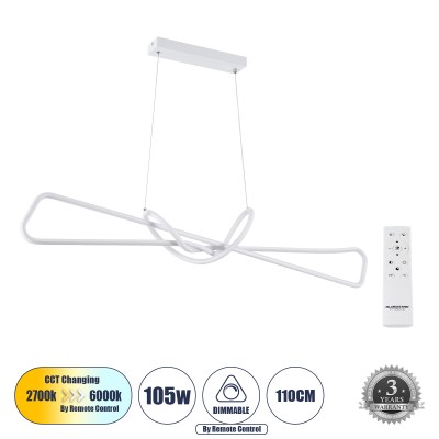 Μοντέρνο Κρεμαστό Φωτιστικό Οροφής LED 105W 11760lm 300° AC 220-240V IP20 Ρυθμιζόμενο Λευκό CCT με Χειριστήριο από 2700K έως 6000K Dimmable - Lumileds SMD Chip - Λευκό Ματ - Μ110 x Π17 x Υ17.5cm - 3 Χρόνια Εγγύηση