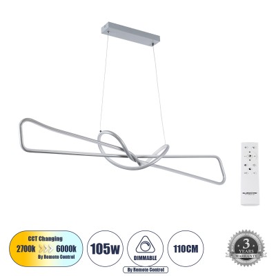 Μοντέρνο Κρεμαστό Φωτιστικό Οροφής LED 105W 11760lm 300° AC 220-240V IP20 Ρυθμιζόμενο Λευκό CCT με Χειριστήριο από 2700K έως 6000K Dimmable - Lumileds SMD Chip - Νίκελ Βούρτσας - Μ110 x Π17 x Υ17.5cm - 3 Χρόνια Εγγύηση