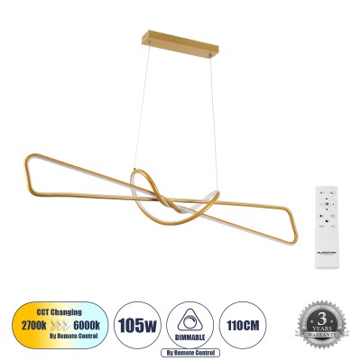 Μοντέρνο Κρεμαστό Φωτιστικό Οροφής LED 105W 11760lm 300° AC 220-240V IP20 Ρυθμιζόμενο Λευκό CCT με Χειριστήριο από 2700K έως 6000K Dimmable - Lumileds SMD Chip - Χρυσό Βούρτσας - Μ110 x Π17 x Υ17.5cm - 3 Χρόνια Εγγύηση