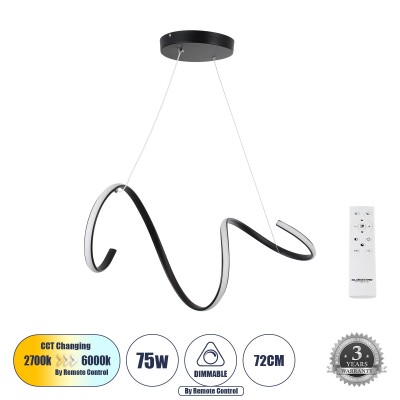 Μοντέρνο Κρεμαστό Φωτιστικό Οροφής LED 75W 8400lm 300° AC 220-240V IP20 Ρυθμιζόμενο Λευκό CCT με Χειριστήριο από 2700K έως 6000K Dimmable - Lumileds SMD Chip - Μαύρο Ματ - Μ72 x Π25 x Υ30cm - 3 Χρόνια Εγγύηση