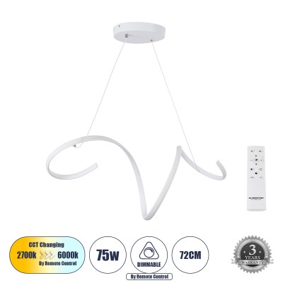 Μοντέρνο Κρεμαστό Φωτιστικό Οροφής LED 75W 8400lm 300° AC 220-240V IP20 Ρυθμιζόμενο Λευκό CCT με Χειριστήριο από 2700K έως 6000K Dimmable - Lumileds SMD Chip - Λευκό Ματ - Μ72 x Π25 x Υ30cm - 3 Χρόνια Εγγύηση