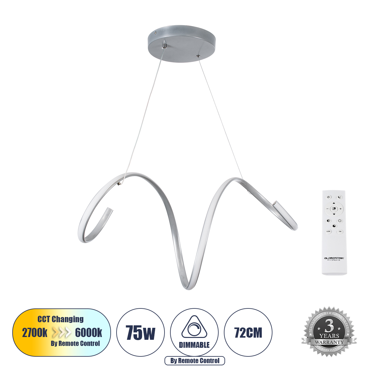 Μοντέρνο Κρεμαστό Φωτιστικό Οροφής LED 75W 8400lm 300° AC 220-240V IP20 Ρυθμιζόμενο Λευκό CCT με Χειριστήριο από 2700K έως 6000K Dimmable - Lumileds SMD Chip - Νίκελ Βούρτσας - Μ72 x Π25 x Υ30cm - 3 Χρόνια Εγγύηση