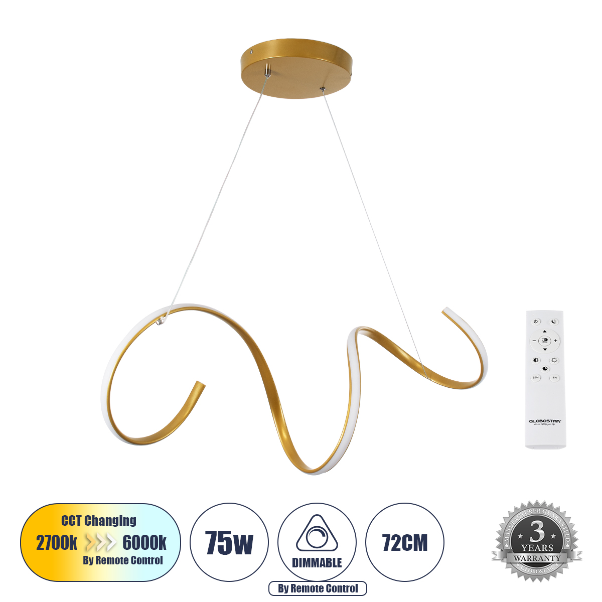 Μοντέρνο Κρεμαστό Φωτιστικό Οροφής LED 75W 8400lm 300° AC 220-240V IP20 Ρυθμιζόμενο Λευκό CCT με Χειριστήριο από 2700K έως 6000K Dimmable - Lumileds SMD Chip - Χρυσό Βούρτσας - Μ72 x Π25 x Υ30cm - 3 Χρόνια Εγγύηση