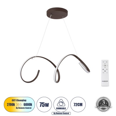 Μοντέρνο Κρεμαστό Φωτιστικό Οροφής LED 75W 8400lm 300° AC 220-240V IP20 Ρυθμιζόμενο Λευκό CCT με Χειριστήριο από 2700K έως 6000K Dimmable - Lumileds SMD Chip - Καφέ Ματ - Μ72 x Π25 x Υ30cm - 3 Χρόνια Εγγύηση