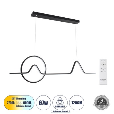 Μοντέρνο Κρεμαστό Φωτιστικό Οροφής LED 67W 7504lm 300° AC 220-240V IP20 Ρυθμιζόμενο Λευκό CCT με Χειριστήριο από 2700K έως 6000K Dimmable - Lumileds SMD Chip - Μαύρο Ματ - Μ120 x Π4 x Υ30cm - 3 Χρόνια Εγγύηση