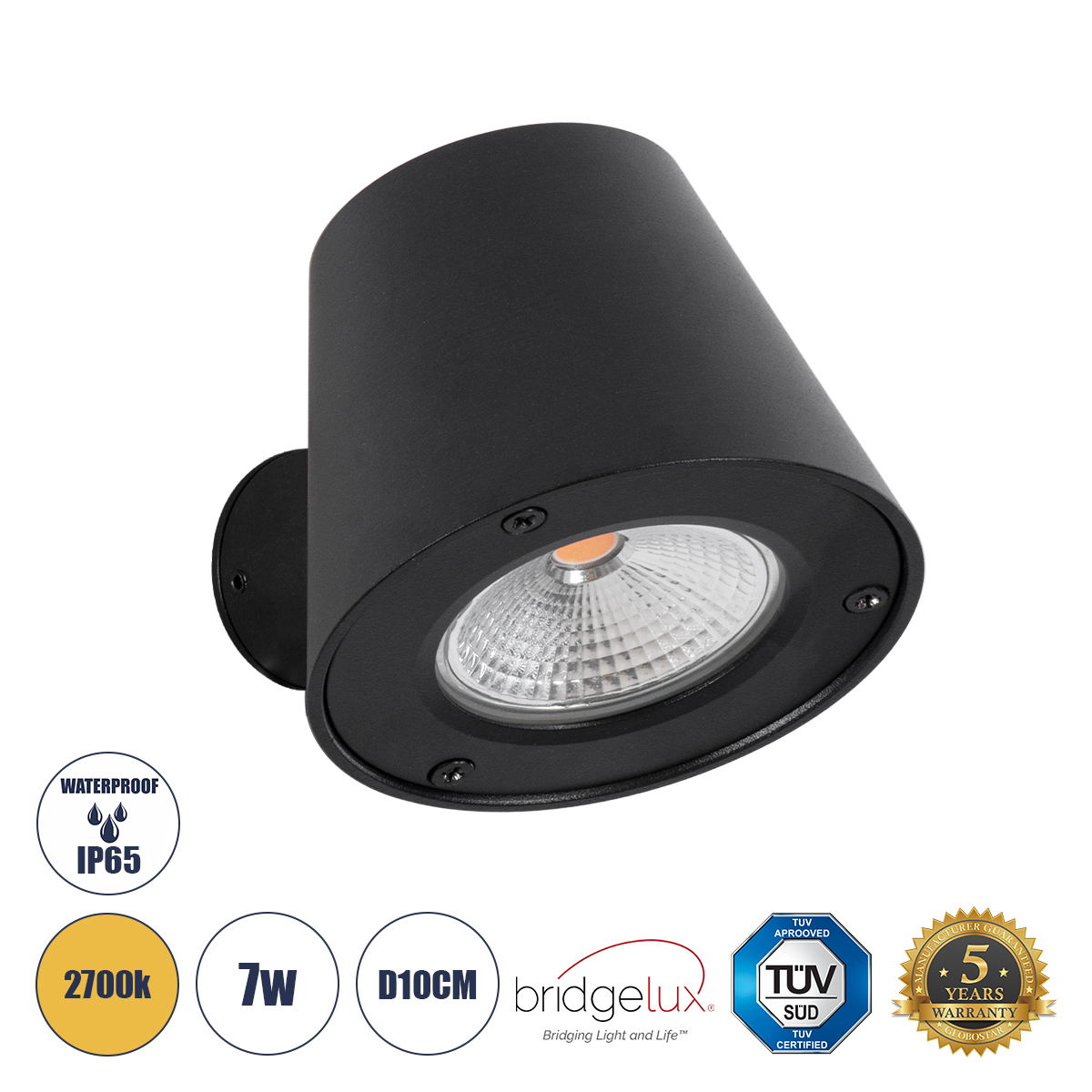 Μοντέρνο Φωτιστικό Τοίχου - Απλίκα LED 7W 700lm 60° AC 220-240V Αδιάβροχο IP65 Θερμό Λευκό 2700K - Bridgelux COB Chip & TÜV SÜD Driver - Μαύρο Ματ - Μ9.5 x Π13 x Υ7.7cm - 5 Χρόνια Εγγύηση