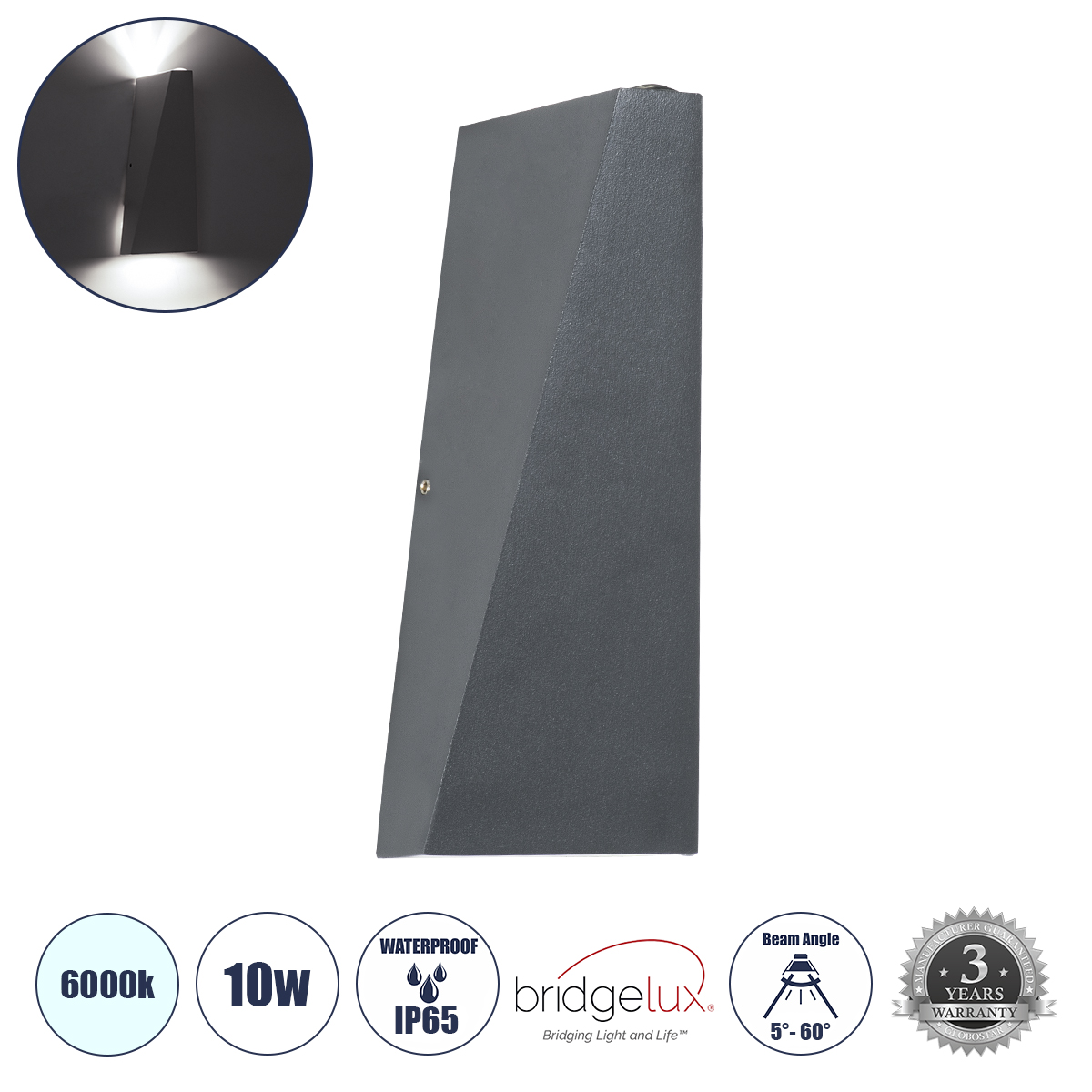 Μοντέρνο Φωτιστικό Τοίχου - Απλίκα LED 10W 1250lm 5°/60° AC 220-240V Αδιάβροχο IP65 Ψυχρό Λευκό 6000K - Bridgelux COB Chip & TÜV SÜD Driver - Γκρι Ανθρακί Ματ - Μ8.5 x Π8.5 x Υ20cm - 5 Χρόνια Εγγύηση