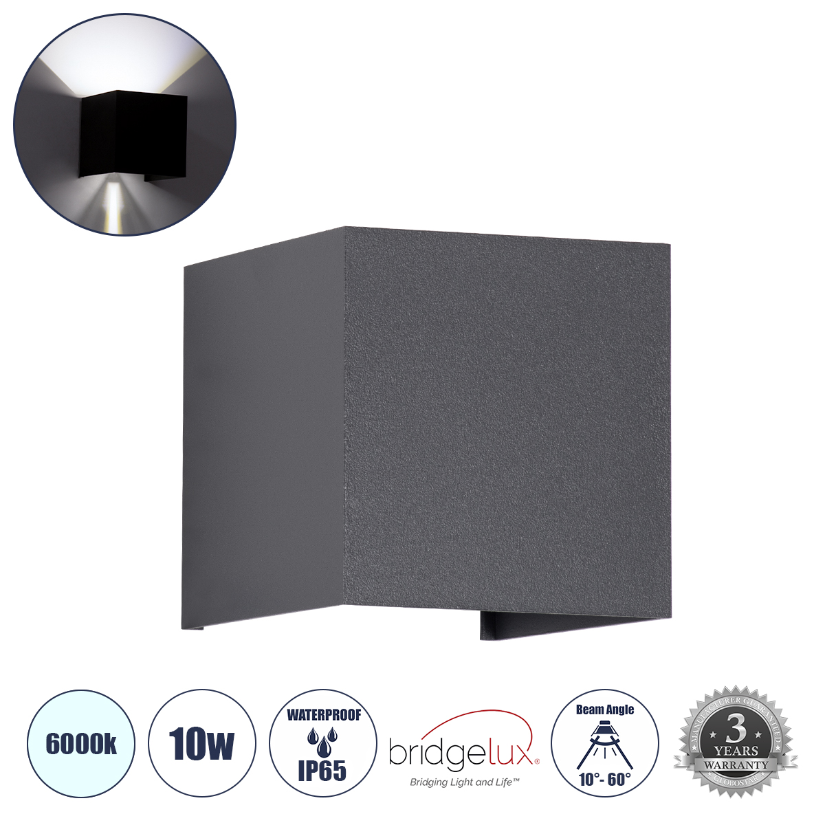 Μοντέρνο Φωτιστικό Τοίχου - Απλίκα LED 10W 1250lm 5°/60° AC 220-240V Αδιάβροχο IP65 Ψυχρό Λευκό 6000K - Bridgelux COB Chip & TÜV SÜD Driver - Γκρι Ανθρακί Ματ - Μ10 x Π10 x Υ10cm - 5 Χρόνια Εγγύηση