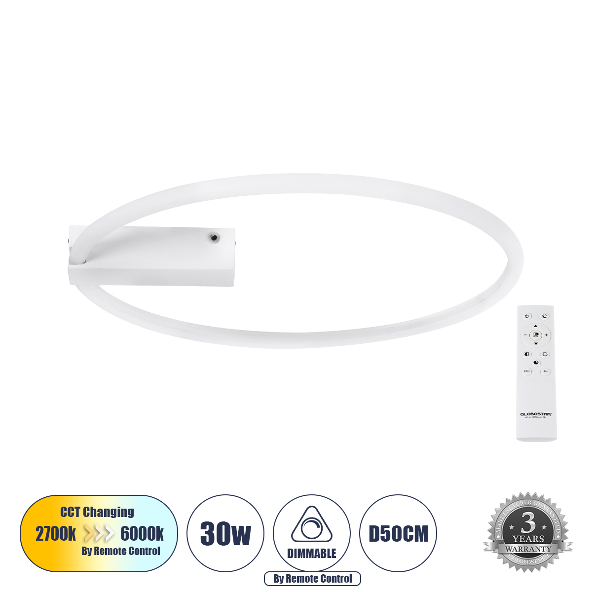 Μοντέρνο Φωτιστικό Οροφής LED 30W 3360lm 360° AC 220-240V IP20 Ρυθμιζόμενο Λευκό CCT με Χειριστήριο από 2700K έως 6000K Dimmable - Lumileds SMD Chip - Λευκό Ματ - Μ50 x Π50 x Υ5cm - 3 Χρόνια Εγγύηση