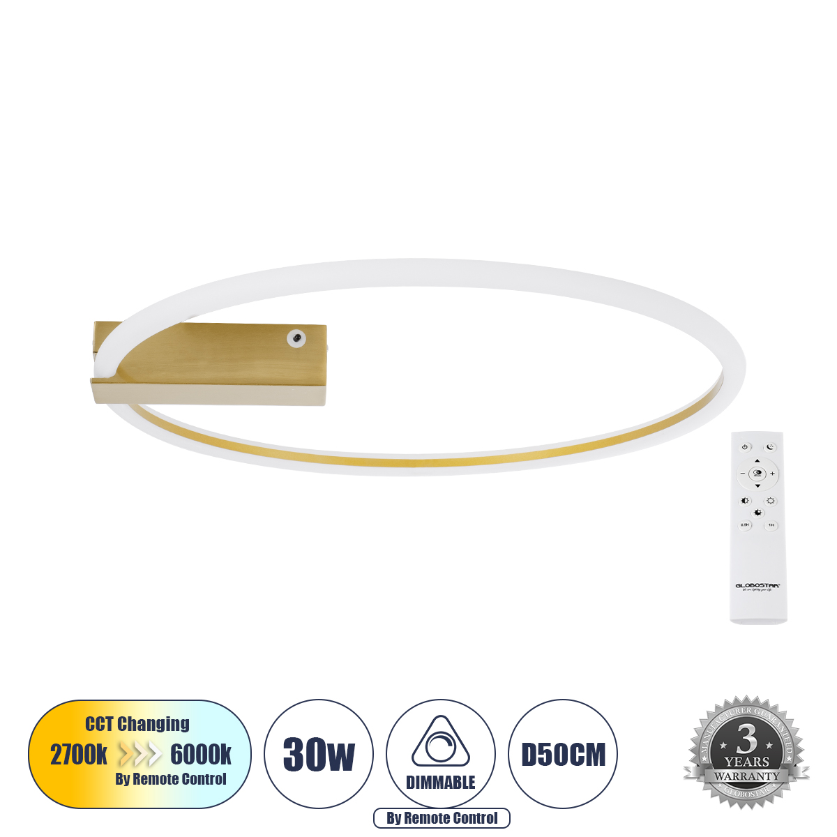 Μοντέρνο Φωτιστικό Οροφής LED 30W 3360lm 360° AC 220-240V IP20 Ρυθμιζόμενο Λευκό CCT με Χειριστήριο από 2700K έως 6000K Dimmable - Lumileds SMD Chip - Χρυσό Βούρτσας - Μ50 x Π50 x Υ5cm - 3 Χρόνια Εγγύηση