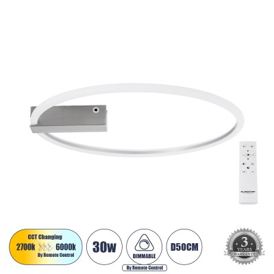 Μοντέρνο Φωτιστικό Οροφής LED 30W 3360lm 360° AC 220-240V IP20 Ρυθμιζόμενο Λευκό CCT με Χειριστήριο από 2700K έως 6000K Dimmable - Lumileds SMD Chip - Νίκελ Βούρτσας - Μ50 x Π50 x Υ5cm - 3 Χρόνια Εγγύηση