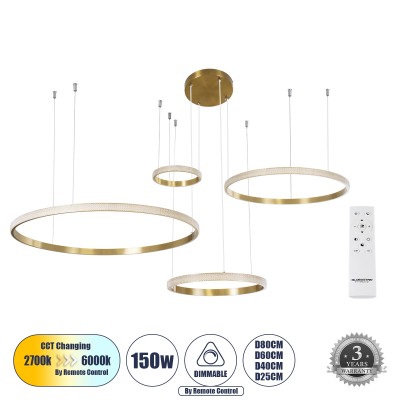 Μοντέρνο Κρεμαστό Φωτιστικό Οροφής LED 150W 18379lm 360° AC 220-240V IP20 Ρυθμιζόμενο Λευκό CCT με Χειριστήριο από 2700K έως 6000K Dimmable - Lumileds SMD Chip - Χρυσό Βούρτσας - Μ150 x Π150 x Υ60cm - 3 Χρόνια Εγγύηση