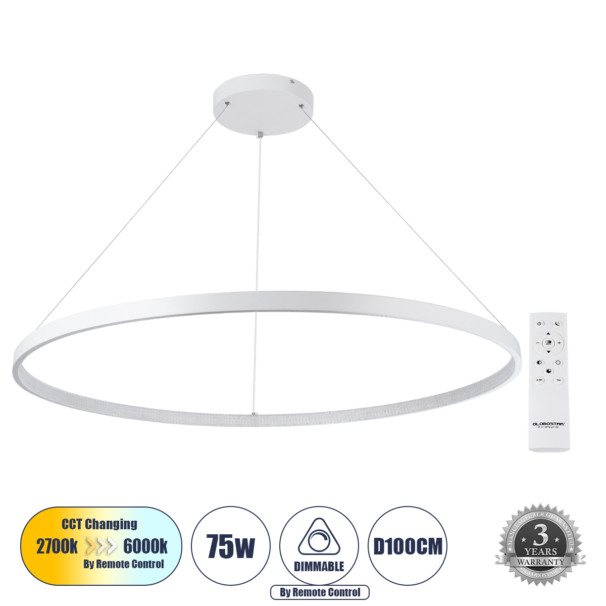 Μοντέρνο Κρεμαστό Φωτιστικό Οροφής LED 75W 8400lm 360° AC 220-240V IP20 Ρυθμιζόμενο Λευκό CCT με Χειριστήριο από 2700K έως 6000K Dimmable - Lumileds SMD Chip - Λευκό Ματ - Μ100 x Π100 x Υ90cm - 3 Χρόνια Εγγύηση