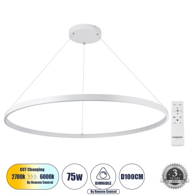 Μοντέρνο Κρεμαστό Φωτιστικό Οροφής LED 75W 8400lm 360° AC 220-240V IP20 Ρυθμιζόμενο Λευκό CCT με Χειριστήριο από 2700K έως 6000K Dimmable - Lumileds SMD Chip - Λευκό Ματ - Μ100 x Π100 x Υ90cm - 3 Χρόνια Εγγύηση