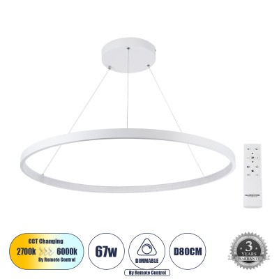 Μοντέρνο Κρεμαστό Φωτιστικό Οροφής LED 67W 7504lm 360° AC 220-240V IP20 Ρυθμιζόμενο Λευκό CCT με Χειριστήριο από 2700K έως 6000K Dimmable - Lumileds SMD Chip - Λευκό Ματ - Μ80 x Π80 x Υ110cm - 3 Χρόνια Εγγύηση