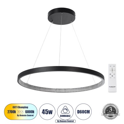 Μοντέρνο Κρεμαστό Φωτιστικό Οροφής LED 45W 5040lm 360° AC 220-240V IP20 Ρυθμιζόμενο Λευκό CCT με Χειριστήριο από 2700K έως 6000K Dimmable - Lumileds SMD Chip - Μαύρο Ματ - Μ60 x Π60 x Υ3cm - 3 Χρόνια Εγγύηση