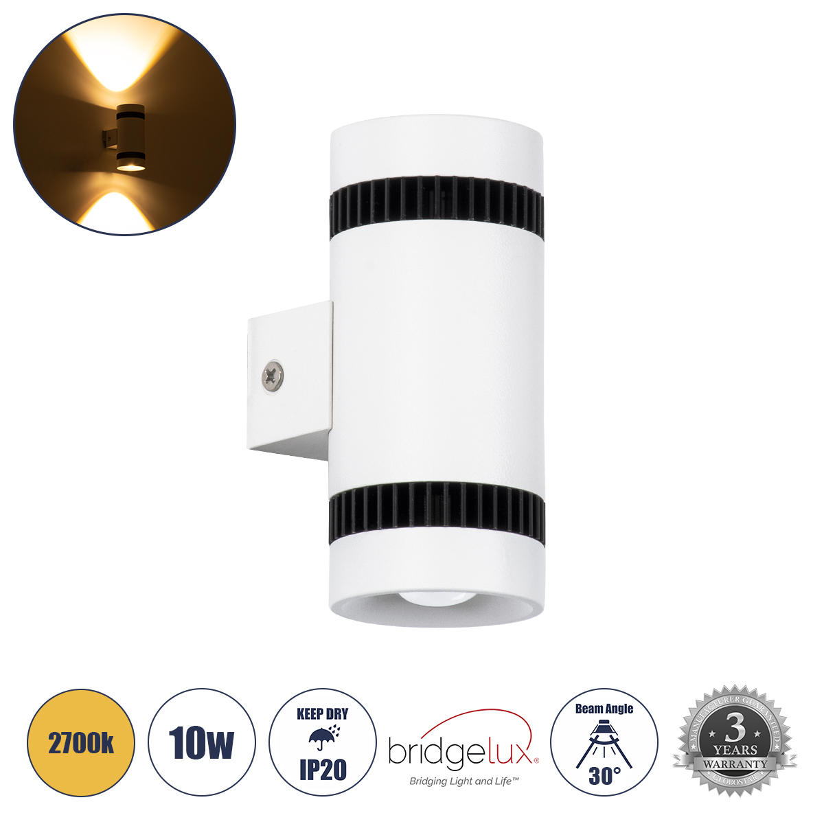 Μοντέρνο Φωτιστικό Τοίχου - Απλίκα LED 10W 1150lm 30° AC 220-240V IP20 Θερμό Λευκό 2700K - Bridgelux COB Chip & TÜV SÜD Driver - Μαύρο Ματ & Λευκό Ματ - Μ5 x Π6.5 x Υ11cm - 3 Χρόνια Εγγύηση