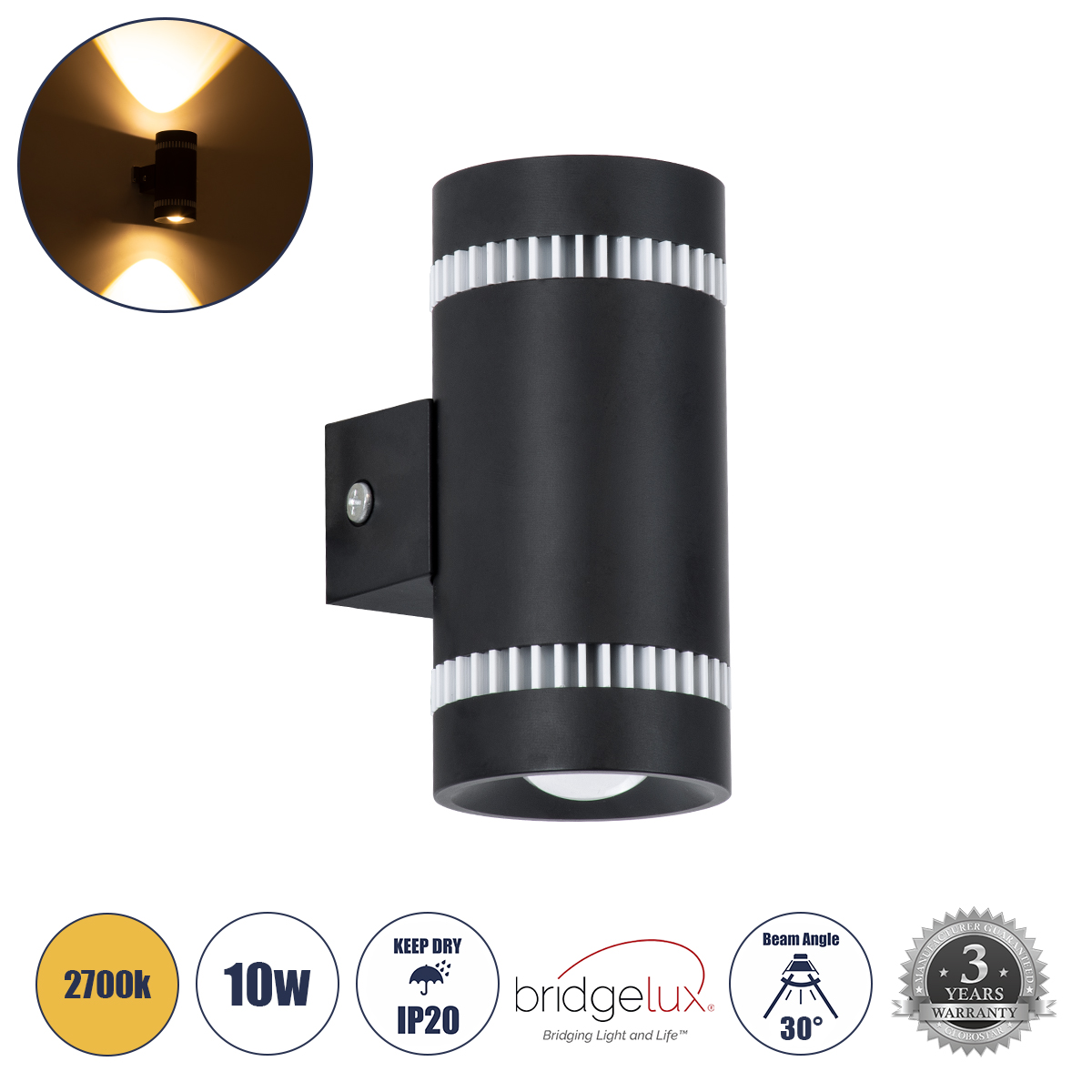 Μοντέρνο Φωτιστικό Τοίχου - Απλίκα LED 10W 1150lm 30° AC 220-240V IP20 Θερμό Λευκό 2700K - Bridgelux COB Chip & TÜV SÜD Driver - Μαύρο Ματ & Λευκό Ματ - Μ5 x Π6.5 x Υ11cm - 3 Χρόνια Εγγύηση