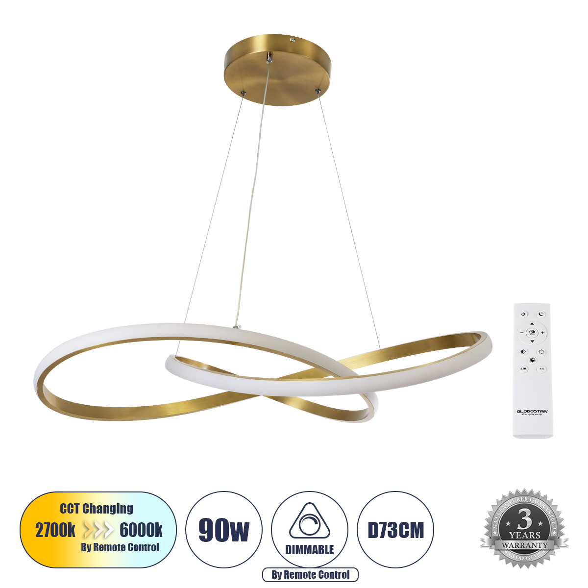 Μοντέρνο Κρεμαστό Φωτιστικό Οροφής LED 90W 10080lm 300° AC 220-240V IP20 Ρυθμιζόμενο Λευκό CCT με Χειριστήριο από 2700K έως 6000K Dimmable - Lumileds SMD Chip - Σατινέ Χρυσό Βούρτσας - Μ73 x Π73 x Υ16cm - 3 Χρόνια Εγγύηση