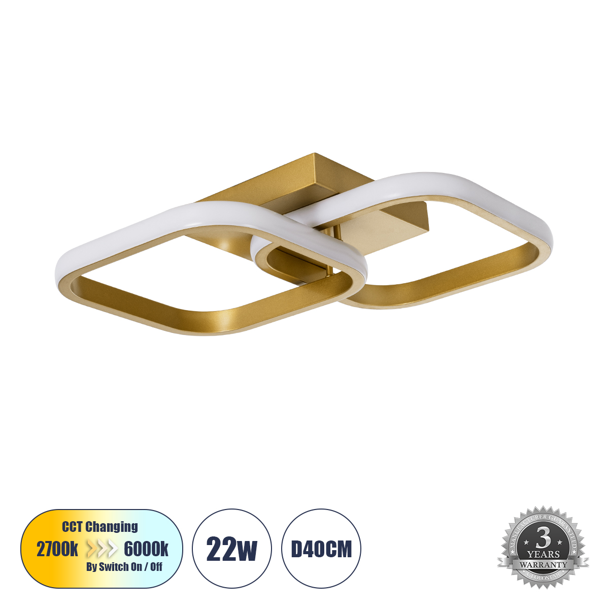 Μοντέρνο Φωτιστικό Οροφής LED 22W 2640lm 300° AC 220-240V IP20 Ρυθμιζόμενο Λευκό CCT με On/Off 2700K/4500K/6000K - Lumileds SMD Chip - Σατινέ Χρυσό Βούρτσας - Μ40 x Π24 x Υ7cm - 3 Χρόνια Εγγύηση