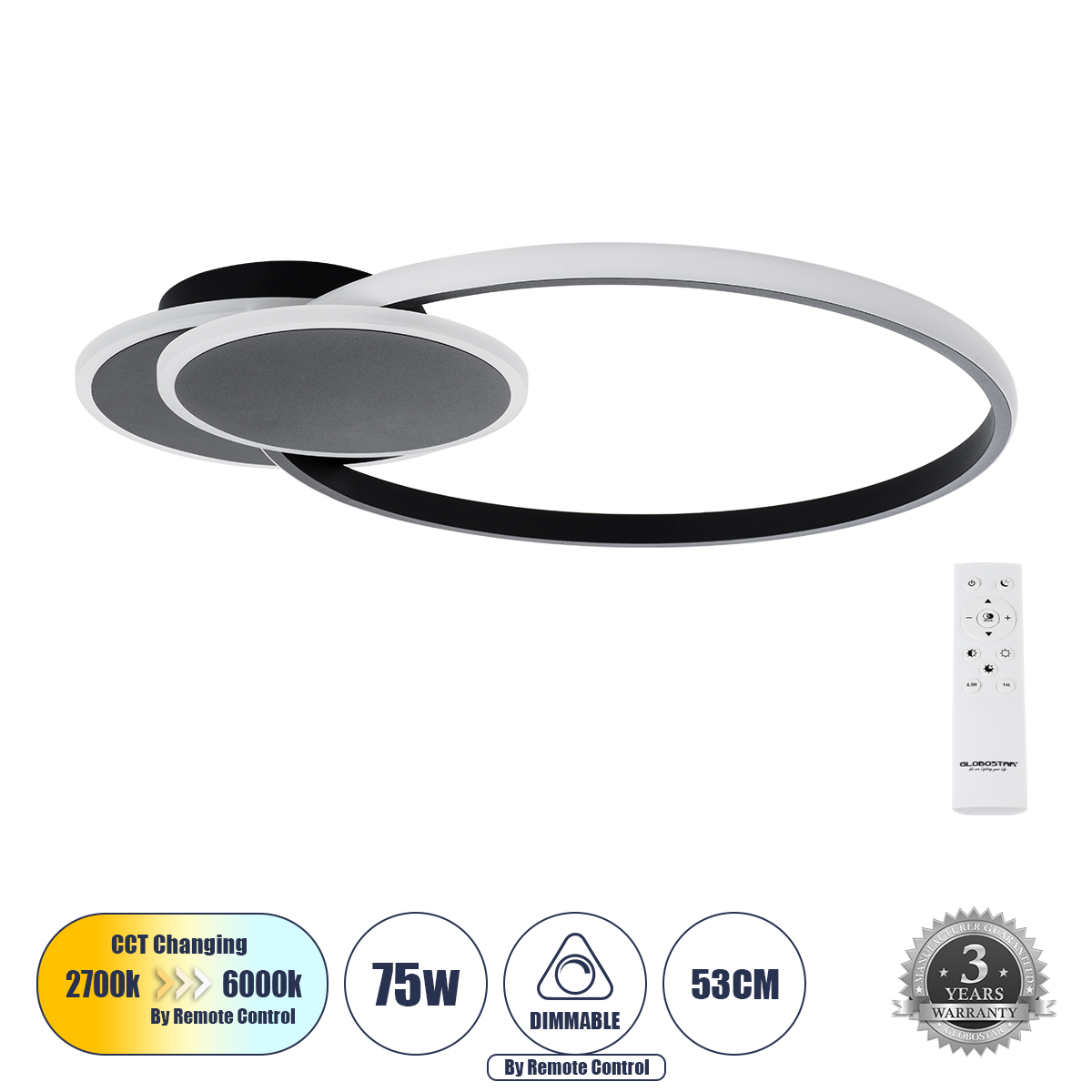 Μοντέρνο Φωτιστικό Οροφής LED 75W 8400lm 360° AC 220-240V IP20 Ρυθμιζόμενο Λευκό CCT με Χειριστήριο από 2700K έως 6000K Dimmable - Lumileds SMD Chip - Μαύρο Ματ - Μ53 x Π42.5 x Υ9cm - 3 Χρόνια Εγγύηση