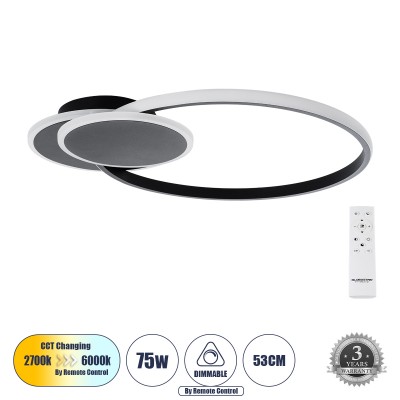 Μοντέρνο Φωτιστικό Οροφής LED 75W 8400lm 360° AC 220-240V IP20 Ρυθμιζόμενο Λευκό CCT με Χειριστήριο από 2700K έως 6000K Dimmable - Lumileds SMD Chip - Μαύρο Ματ - Μ53 x Π42.5 x Υ9cm - 3 Χρόνια Εγγύηση
