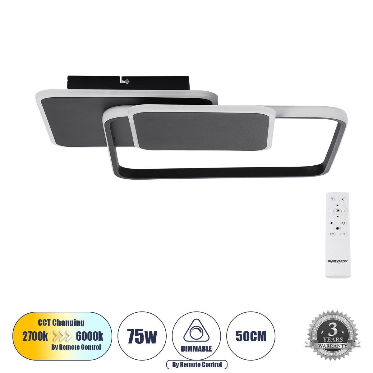 Μοντέρνο Φωτιστικό Οροφής LED 75W 8400lm 360° AC 220-240V IP20 Ρυθμιζόμενο Λευκό CCT με Χειριστήριο από 2700K έως 6000K Dimmable - Lumileds SMD Chip - Μαύρο Ματ - Μ48.5 x Π51 x Υ9cm - 3 Χρόνια Εγγύηση