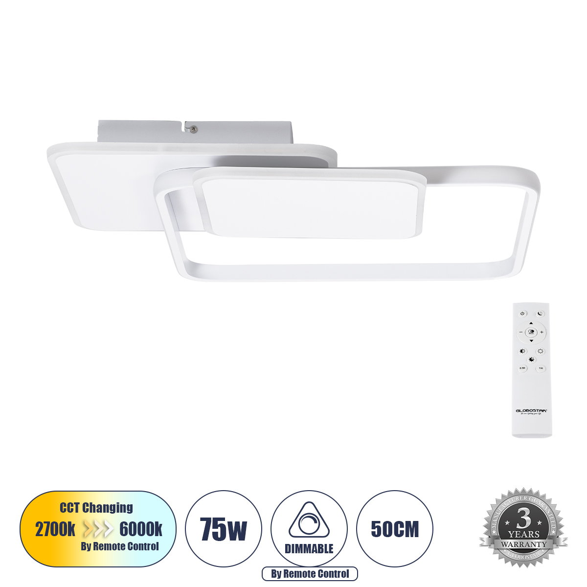 Μοντέρνο Φωτιστικό Οροφής LED 75W 8400lm 360° AC 220-240V IP20 Ρυθμιζόμενο Λευκό CCT με Χειριστήριο από 2700K έως 6000K Dimmable - Lumileds SMD Chip - Λευκό Ματ - Μ48.5 x Π51 x Υ9cm - 3 Χρόνια Εγγύηση