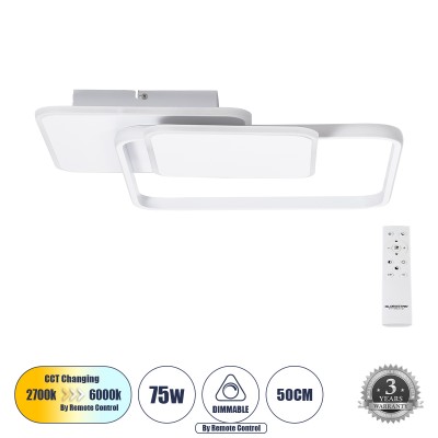 Μοντέρνο Φωτιστικό Οροφής LED 75W 8400lm 360° AC 220-240V IP20 Ρυθμιζόμενο Λευκό CCT με Χειριστήριο από 2700K έως 6000K Dimmable - Lumileds SMD Chip - Λευκό Ματ - Μ48.5 x Π51 x Υ9cm - 3 Χρόνια Εγγύηση